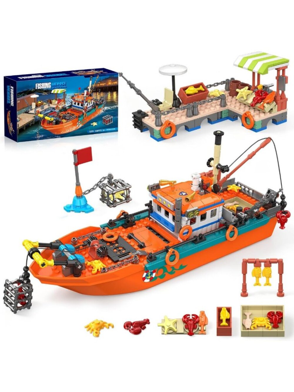 City Fishing Boat Building Blocks Set with Wharf - Fun for Kids Ages 6-12